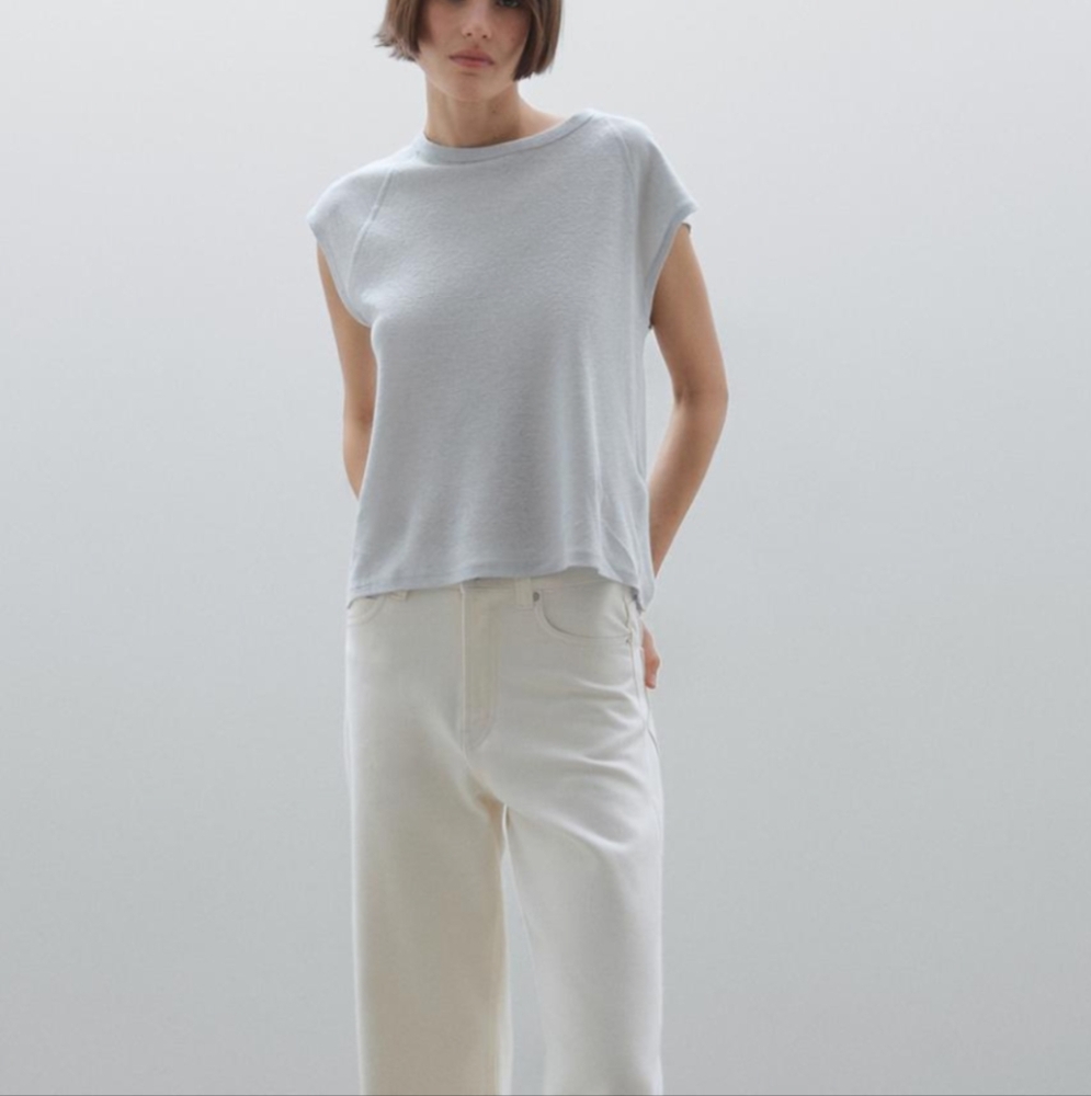 100% Linen Light Blue Ribbed T-shirt Massimo dutti